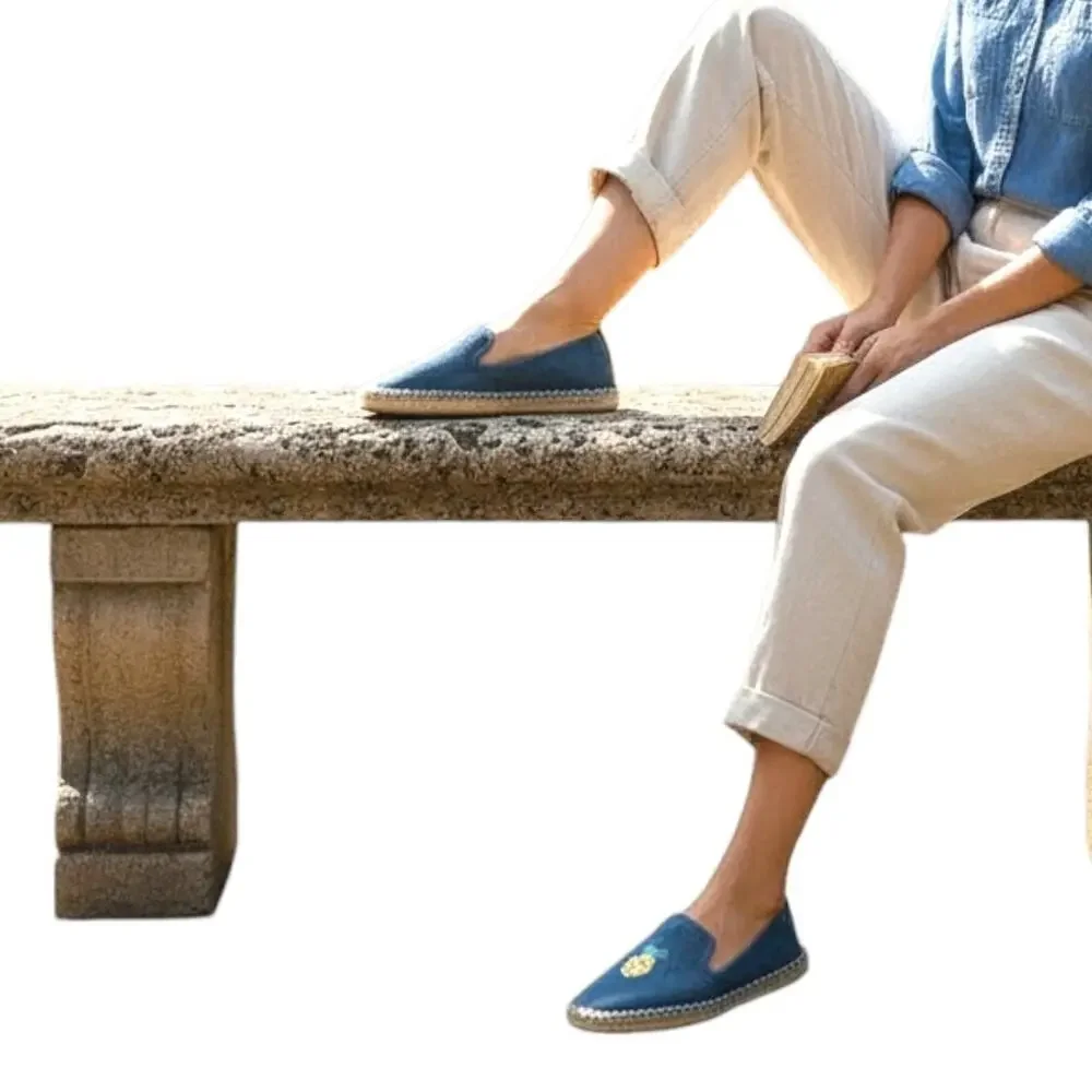 Anthropologie Soludos Chambray Blue Slip On Jute Espadrilles Women 10M Pineapple